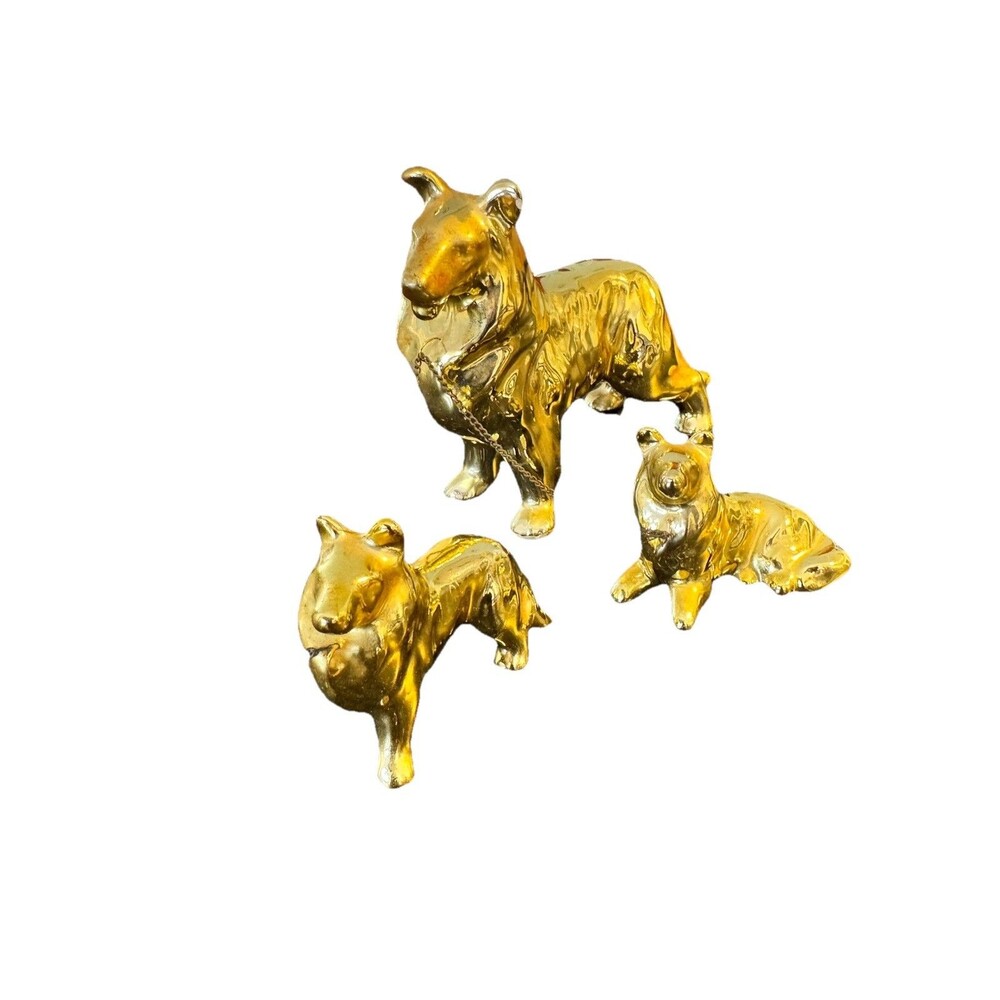 Brass Dachshund Dog Figurine Set Chain-Linked Decorative Collectible Home Decor